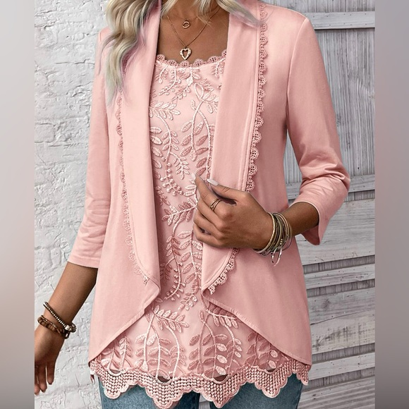 MODLILY ® Light Pink 3/4 Sleeve Fake Two Piece Twinset size L - Picture 6 of 7